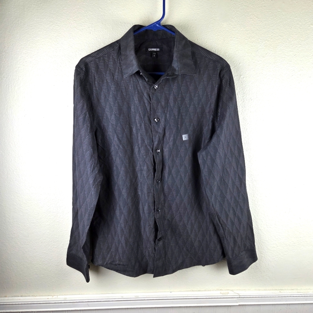 Express Men's Gray Geometric Diamond Pattern Button Down Shirt Long Sleeve S